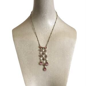 Betsey Johnson Pink Crystal Drop Necklace Faux Pearl Dangle with Extender Chain